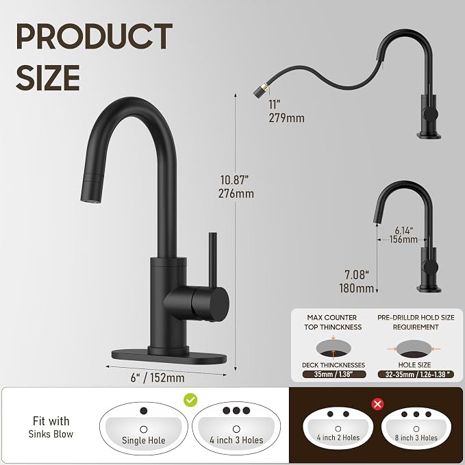 Tall Bathroom Faucet with Pull Out Sprayer,Matte Black Single Handle Swivel Pull Down Faucet,Pop-Up Drain,1 or 3 Hole 2 Model RV Bar Laundry Utility Sink Faucet with Deck Plate, WE08CL-ZY-MB