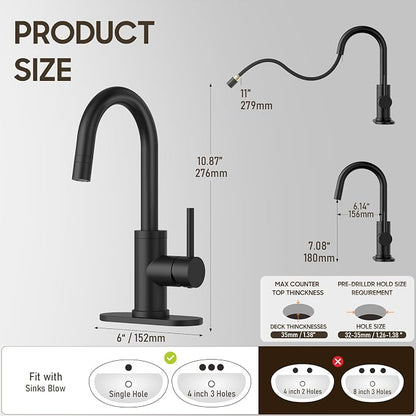 Tall Bathroom Faucet with Pull Out Sprayer,Matte Black Single Handle Swivel Pull Down Faucet,Pop-Up Drain,1 or 3 Hole 2 Model RV Bar Laundry Utility Sink Faucet with Deck Plate, WE08CL-ZY-MB