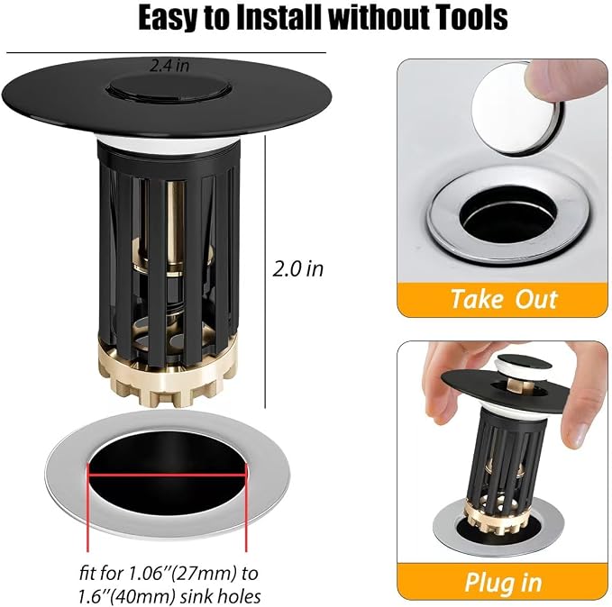 Anlige 3 in 1 Pop Up Bathroom Sink Stopper, Bathroom Sink Drain Strainer, with Removable Basket Hair Catcher, Universal Sink Plug Cover for 1.06 in to 1.6 in Drain, Matte Black