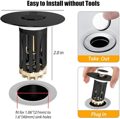 Anlige 3 in 1 Pop Up Bathroom Sink Stopper, Bathroom Sink Drain Strainer, with Removable Basket Hair Catcher, Universal Sink Plug Cover for 1.06 in to 1.6 in Drain, Matte Black