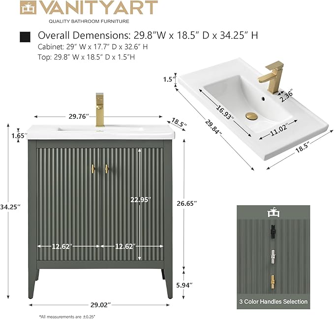 Vanity Art 30 inch Bathroom Vanity with Single Sink & Ceramic Top, Vanity Cabinet with Soft-Closing Door, Solid Wood Frame, Linear Pattern, Vintage Green, VA9130-VG-MB,Matte Black Handles