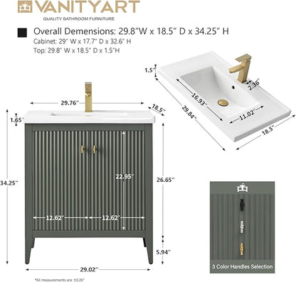 Vanity Art 30 inch Bathroom Vanity with Single Sink & Ceramic Top, Vanity Cabinet with Soft-Closing Door, Solid Wood Frame, Linear Pattern, Vintage Green, VA9130-VG-MB,Matte Black Handles