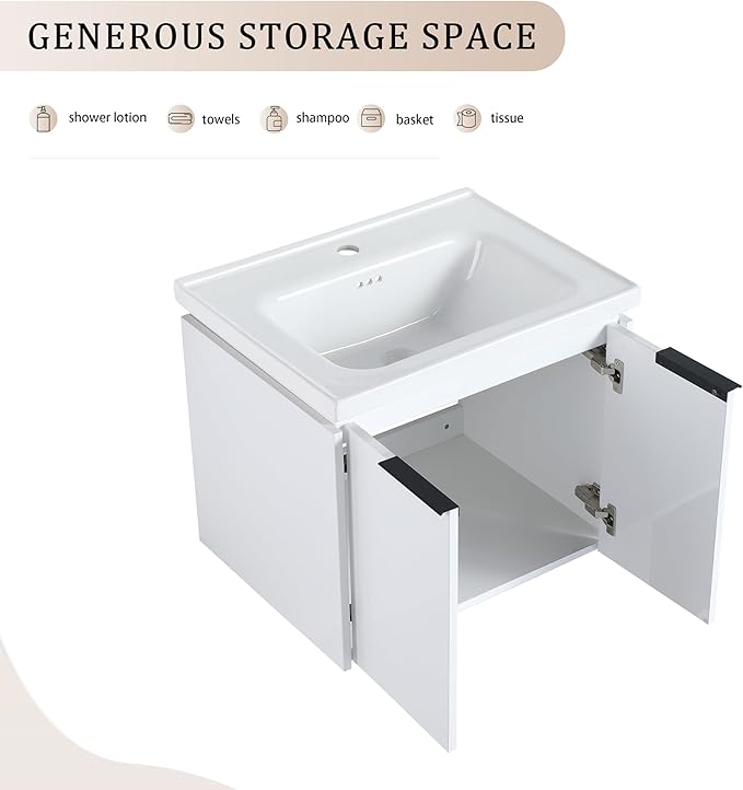 SSLine 60-Inch Double Sink Vanity Modern Wall Mounted Bathroom Vanity with Double Ceramic Sink 60" Large Floating Bathroom Vanities Set with Middle Storage Shelf & 2 Cabinet (White)