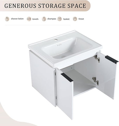 SSLine 60-Inch Double Sink Vanity Modern Wall Mounted Bathroom Vanity with Double Ceramic Sink 60" Large Floating Bathroom Vanities Set with Middle Storage Shelf & 2 Cabinet (White)
