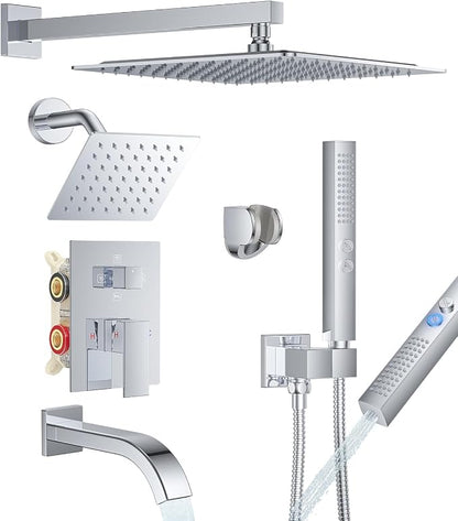 Rain Shower System with Rough-in Valve, Wall Mount Shower Faucet Set with 12" & 6" Dual Rain Shower Heads, 2-in-1 Handheld Shower, Tub Spout, 4-Function Complete Shower Fixture, Chrome