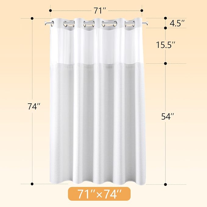 River Dream White Cotton Blend Fabric Shower Curtain Set with Liner, 71x74 | Waffle Weave, No Hook Needed, with Snap in Replacement Liner, Top Sheer Window, Hotel Quality Fabric for Bathroom
