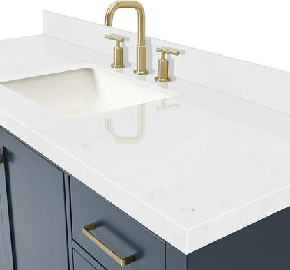 ARIEL Cambridge 60-inch Bathroom Vanity with Sink,Solid Wood, 1.5-inch Carrara White Quartz Countertop, Single Rectangular Porcelain Sink, 2 Soft Closing Doors, 9 Dovetail Drawers, Midnight Blue