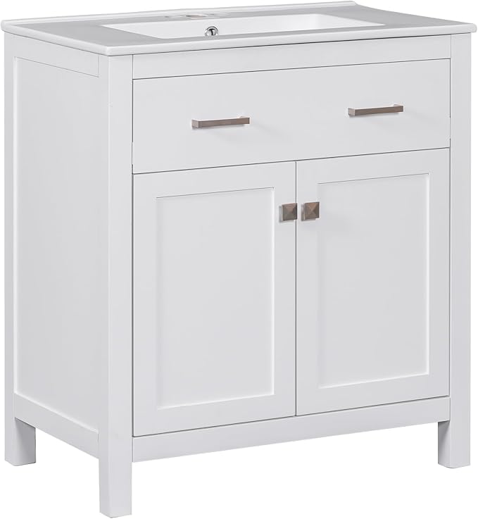 Favfurish 30" Bathroom Vanity with Ceramic Sink,Undermount Single Basin Bath Vanity Set w/1 Flip-Out Drawer and 2 Soft-Close Doors,Modern Solid Wood Storage Cabinet w/Adjustable Shelf,White