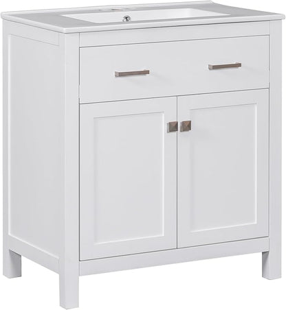 Favfurish 30" Bathroom Vanity with Ceramic Sink,Undermount Single Basin Bath Vanity Set w/1 Flip-Out Drawer and 2 Soft-Close Doors,Modern Solid Wood Storage Cabinet w/Adjustable Shelf,White