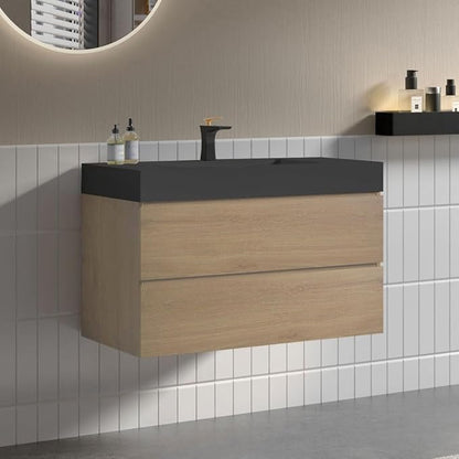 36" Floating Bathroom Vanity with Black Sink, Modern Bathroom Cabinet with Top and Soft Close Drawers, Spacious Storage for Small Space, Natural Oak - Lavanda Collection