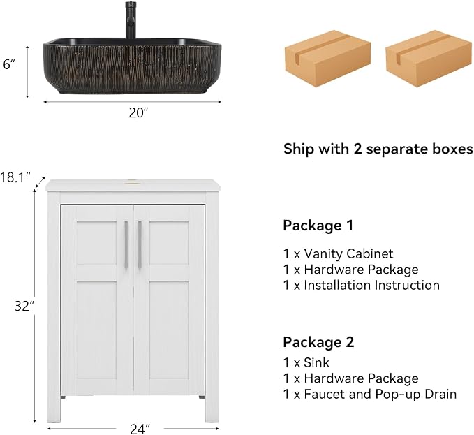 YOURLITE 24" Bathroom Vanity with Sink, White Bathroom Vanity and Sink Combo with Faucet & Pop Up Drain Set,Traditional Vanity with with Black & Gold Ceramic Sink