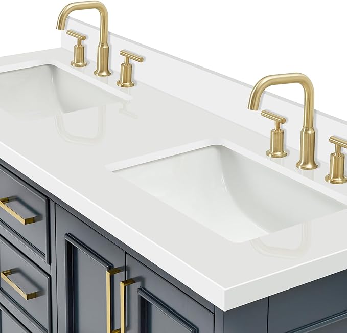 ARIEL Stafford 60-inch Bathroom Vanity with Sink,Solid Wood, 1.5-inch Pure White Quartz Countertop, Double Rectangular Porcelain Sink, 4 Soft Closing Doors, 6 Dovetail Drawers, Midnight Blue