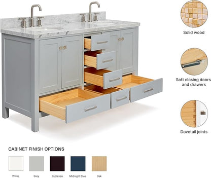 ARIEL Cambridge 60-inch Bathroom Vanity with Sink,Solid Wood, 1.5-inch Italian Carrara Marble Countertop & Backsplash, Double Oval Porcelain Sink, 4 Soft Closing Doors, 6 Dovetail Drawers, Grey