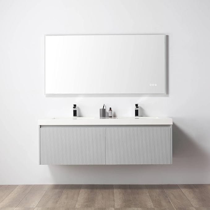 Blossom 60 Inch Double Sink Bathroom Vanity, All Wood Wall Mounted Floating Bathroom Vanity Cabinet with Acrylic Sink, Bathroom Sink Cabinet with Soft-Close Drawers, Modern Vanities, Light Grey