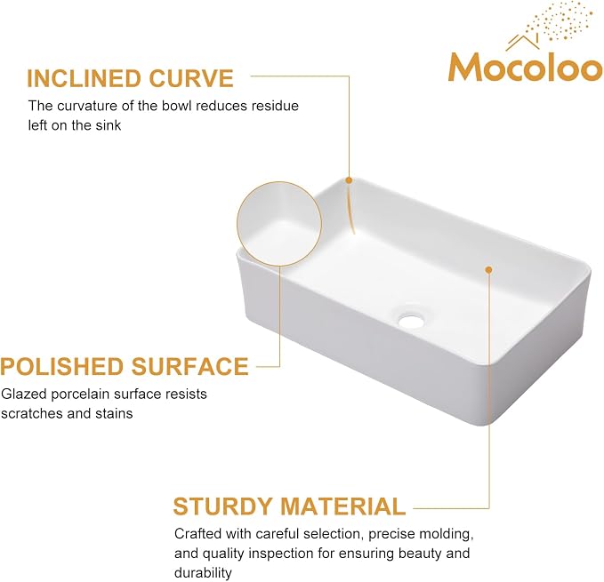 Mocoloo Bathroom Vessel Sink Rectangular 21"X14" Modern Rectangle Countertop Vessel Sink White Porcelain Ceramic Lavatory Vanity Sink Above Counter Basin
