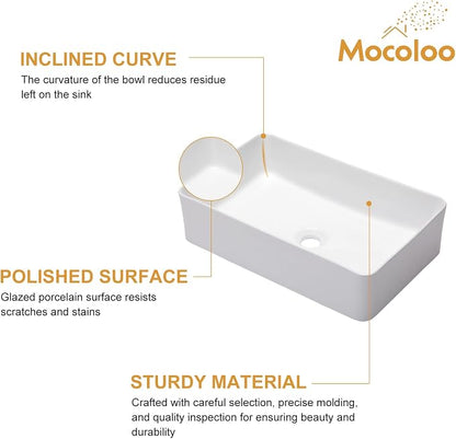 Mocoloo Bathroom Vessel Sink Rectangular 21"X14" Modern Rectangle Countertop Vessel Sink White Porcelain Ceramic Lavatory Vanity Sink Above Counter Basin