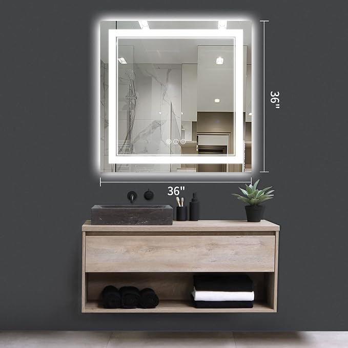 36x36 Inch LED Mirror for Bathroom | Front and Backlit, 3 Colors, Dimmable, Memory, Anti Fog, Shatterproof, Horizontal/Vertical, Lighted Mirrors for Bathroom Wall