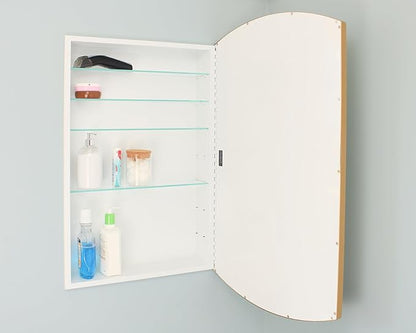 Fox Hollow Furnishings 20x30 Harper Crescent Metal Framed Rectangle Recessed Bathroom Medicine Cabinet, Arced Mirror, 14x18 in-Wall Opening, Adjustable Glass Shelves, Magnet Close, Gold