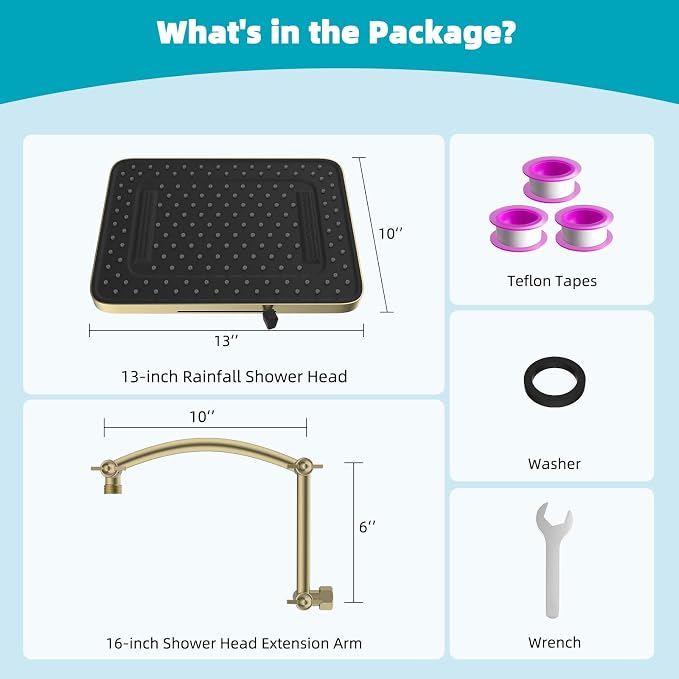 Hibbent Rain Shower Head, 13'' High Pressure Rainfall Square 5 Spray Mode Showerhead with 16" Shower Head Extension Arm, Solid Brass Adjustable Shower Arm Extender, Brushed Gold