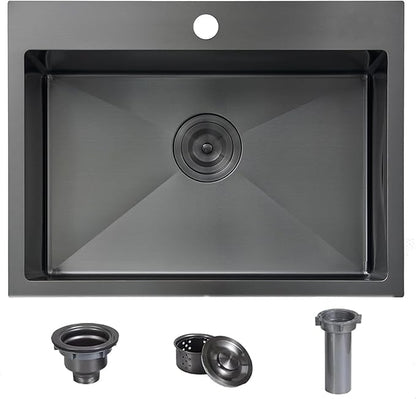 Comllen 22x18 Inch Black Kitchen Sink,Drop In 16 Gauge RV Small Kitchen Bar Sinks,Stainless Steel Topmount Outdoor Prep Single Bowl Workstation Wet Bar Sink