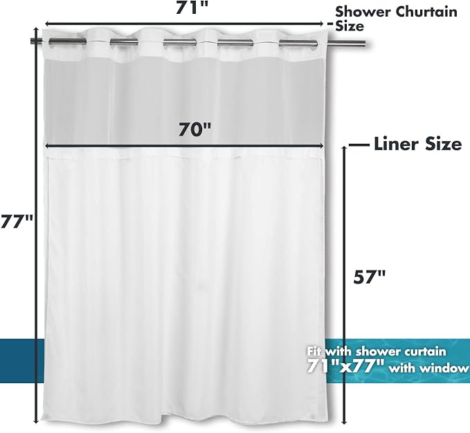 River Dream Fabric Snap in Shower Curtain Liner Replacement,White,70x57 | with Magnets,Detachable Liner,Quick Dry，Machine Washable，Fit for River Dream 71(W) x 77(H) with Window Shower Curtain