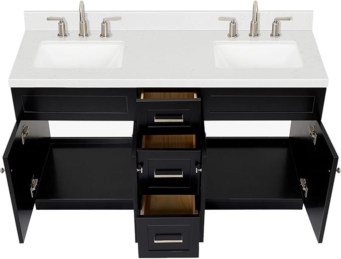ARIEL Hamlet 60-inch Bathroom Vanity with Sink,Solid Wood, 1.5-inch Carrara White Quartz Countertop & Backsplash, Double Rectangular Porcelain Sink, 4 Soft Closing Doors, 3 Dovetail Drawers, Black