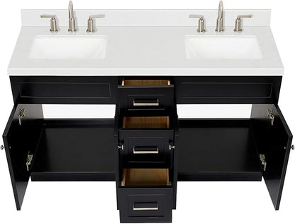 ARIEL Hamlet 60-inch Bathroom Vanity with Sink,Solid Wood, 1.5-inch Carrara White Quartz Countertop & Backsplash, Double Rectangular Porcelain Sink, 4 Soft Closing Doors, 3 Dovetail Drawers, Black
