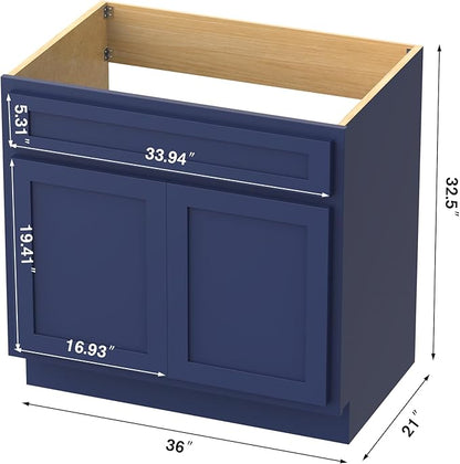 Vanity Art 36 Inch Double Shutter Door Bathroom Vanity Base Cabinet with Soft Closing Shaker Drawer, Strudy Floor Mount Storage Cabinet Organizer for Bedroom, Living Room, Kitchen, VA4036-BLUE