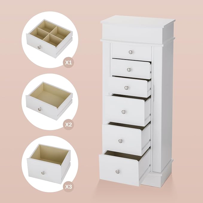 IRONCK Jewelry Cabinet with LED Mirror and 6 Drawers, Jewelry Armoire Cabinet Standing with Necklace Hooks & Anti-Tarnish Lining, Standing Jewelry Box, Gift for Women, White