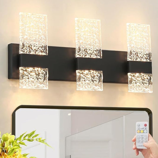 Modern Matte Black 6-Lights Bathroom Vanity Light, Eleglant Black LED Bathroom Light Fixtures over Mirror, Dimmable Acrylic Shade Wall Lighting Fixtures, Hardwired Wall Light(H9.25in, L21.26in)