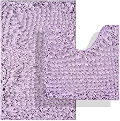 BOANKODU Bathroom Rugs Sets 2 Piece, Absorbent Bath Mat for Bathroom Very Soft Chenille Non-Slip, 32x20 Inch + 20x20 Inch U Shape Bathroom Mat, Machine Washable Bath Rugs (Lavender)