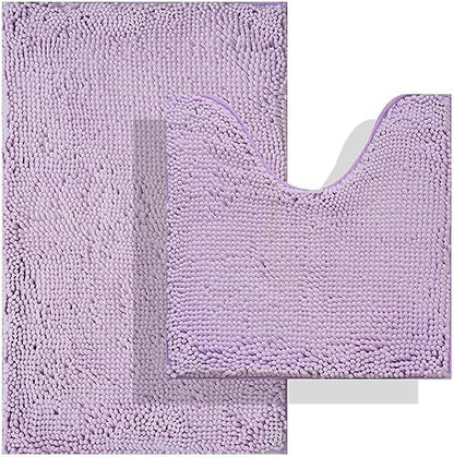 BOANKODU Bathroom Rugs Sets 2 Piece, Absorbent Bath Mat for Bathroom Very Soft Chenille Non-Slip, 32x20 Inch + 20x20 Inch U Shape Bathroom Mat, Machine Washable Bath Rugs (Lavender)