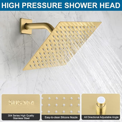 Tub Shower Faucet Set Brushed Gold Bathroom Rainfall Mixer 8 Inch Shower Head System with Tub Spout Single Handle Shower Trim Kit with Valve
