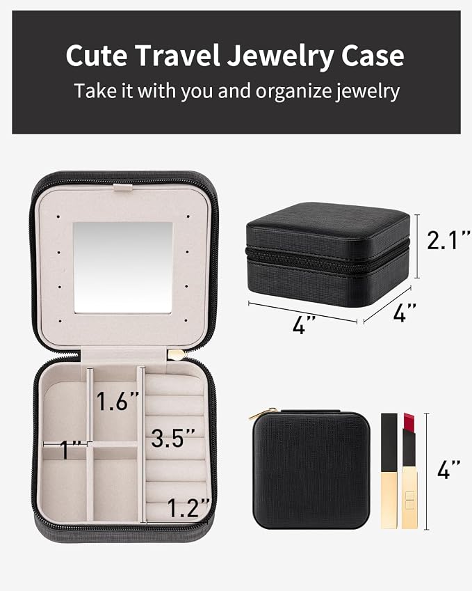 VLANDO Travel Jewelry Case with Mirror, Storage 3 Pairs of Stud Earrings | Necklace Hook for Anti-tangle, Removable Dividers, Waterproof PU Leather,Portable Storage for Rings, Necklace Gifts for Women