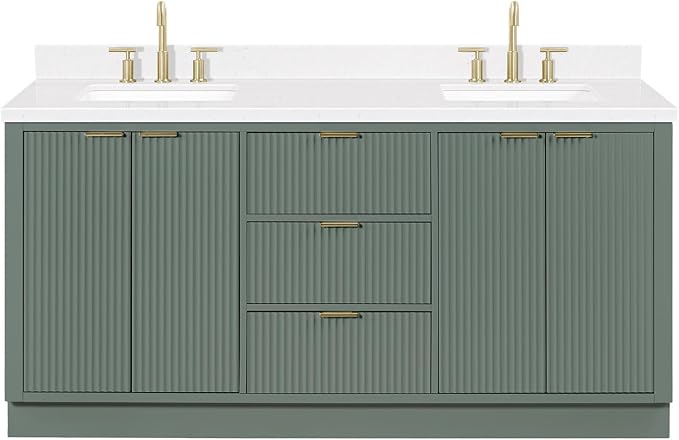 ARIEL Milan 72-inch Bathroom Vanity with Sink,Solid Wood, 1.5-inch Carrara White Quartz Countertop, Double Rectangular Porcelain Sink, Soft Closing Doors, Dovetail Drawers, Vintage Green