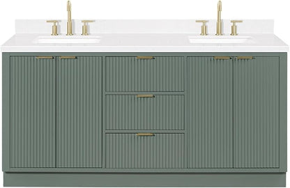 ARIEL Milan 72-inch Bathroom Vanity with Sink,Solid Wood, 1.5-inch Carrara White Quartz Countertop, Double Rectangular Porcelain Sink, Soft Closing Doors, Dovetail Drawers, Vintage Green