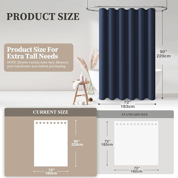 72x90 Linen Textured Waterproof Fabric Shower Curtain Set, Navy Blue | Long Size, 230GSM Polyester, Heavy Duty Cloth, Weighted Hem, 12 Plastic Hooks, Modern Luxury Hotel Style, Machine Washable