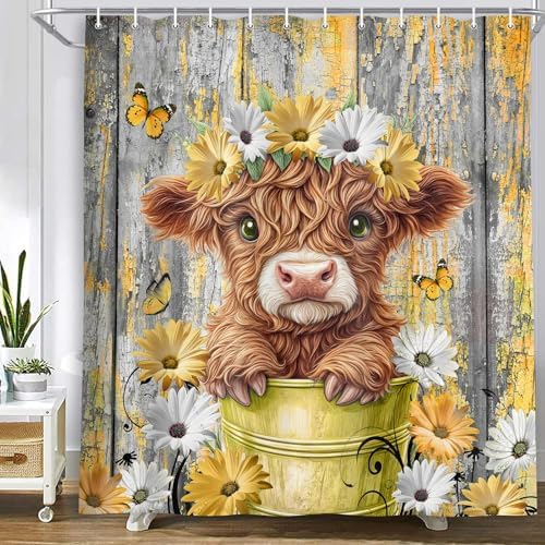 Cute Baby Highland Cow Shower Curtain, Farmhouse Yellow Wooden Daisy Shower Curtain for Bathroom Set, Funny Cattle Rustic Animal Fabric Waterproof Shower Curtains for Bathtub Decor with Hooks 36X72in
