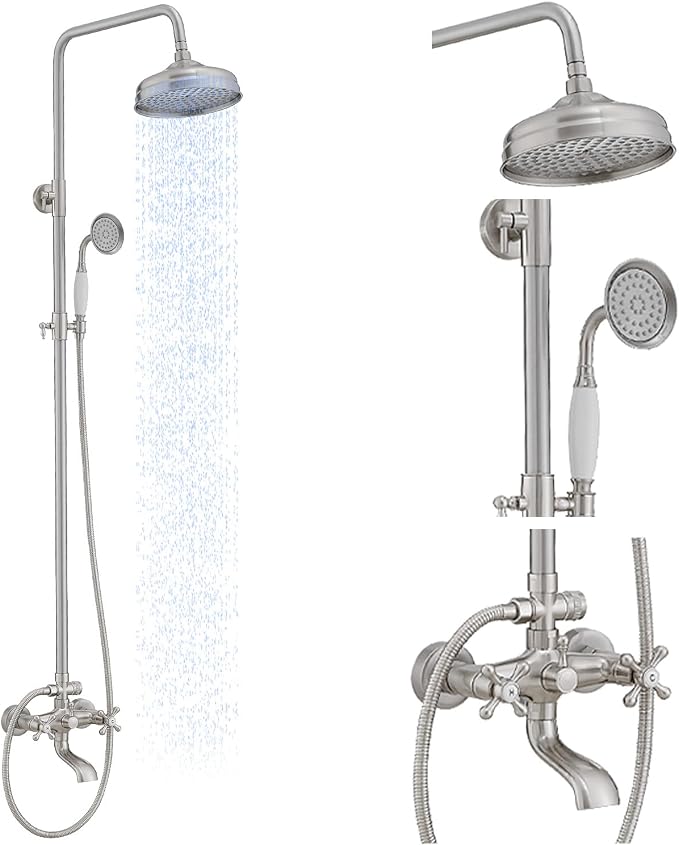 Exposed Shower System,Outdoor Shower Kit,Brushed Nickel | 8 Inch Rain Shower Head Sprayers,Handheld Shower Head & Tub Spout,Solid Brass,Dual Handle,High Pressure,Wall Mounted