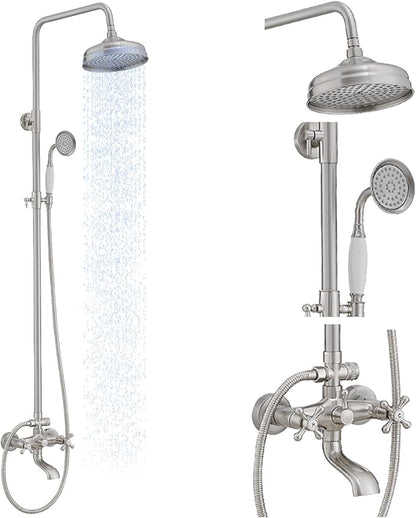 Exposed Shower System,Outdoor Shower Kit,Brushed Nickel | 8 Inch Rain Shower Head Sprayers,Handheld Shower Head & Tub Spout,Solid Brass,Dual Handle,High Pressure,Wall Mounted