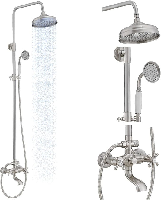 Exposed Shower System,Outdoor Shower Kit,Brushed Nickel | 8 Inch Rain Shower Head Sprayers,Handheld Shower Head & Tub Spout,Solid Brass,Dual Handle,High Pressure,Wall Mounted