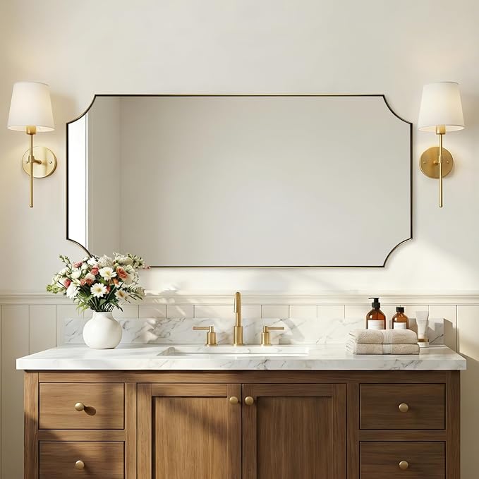 Scalloped 24"x48" Brushed Gold Bathroom Mirror | Anti-Rust Stainless Steel Frame 1" Deep, Rounded Notched Corners, Two Way Hanging, Ideal for Bathroom Decor & Remodel
