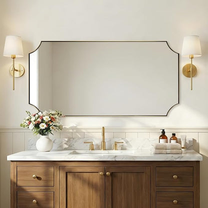 Scalloped 24"x48" Brushed Gold Bathroom Mirror | Anti-Rust Stainless Steel Frame 1" Deep, Rounded Notched Corners, Two Way Hanging, Ideal for Bathroom Decor & Remodel