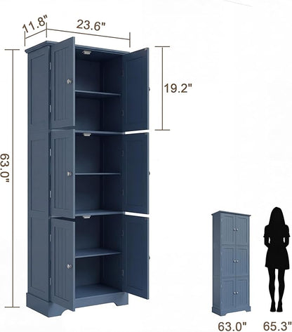 ChooChoo Tall Bathroom Storage Cabinet with 6 Doors, Freestanding Floor Cabinet with Adjustable Shelves, Blue Pantry Cabinet for Bathroom, Kitchen, Laundry Room