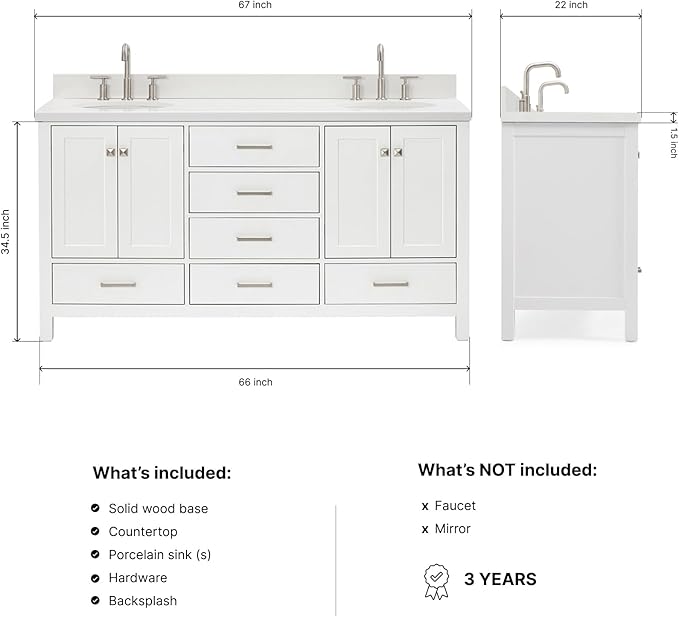 ARIEL Cambridge 66-inch Bathroom Vanity with Sink,Solid Wood, 1.5-inch Pure White Quartz Countertop & Backsplash, Double Oval Porcelain Sink, 4 Soft Closing Doors, 6 Dovetail Drawers, White