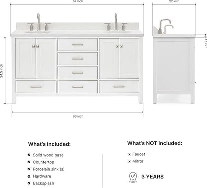 ARIEL Cambridge 66-inch Bathroom Vanity with Sink,Solid Wood, 1.5-inch Pure White Quartz Countertop & Backsplash, Double Oval Porcelain Sink, 4 Soft Closing Doors, 6 Dovetail Drawers, White