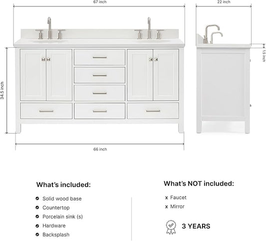 ARIEL Cambridge 66-inch Bathroom Vanity with Sink,Solid Wood, 1.5-inch Pure White Quartz Countertop & Backsplash, Double Oval Porcelain Sink, 4 Soft Closing Doors, 6 Dovetail Drawers, White