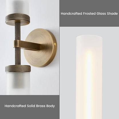 30" 2 Lights Hardwired Frosted Glass 2 PC Bathroom Wall Sconces, Handmade Knurled Brass Wall Light Fixture,Modern Vanity Light for Living Room,Hallway, Bedroom, Indoor Sconces