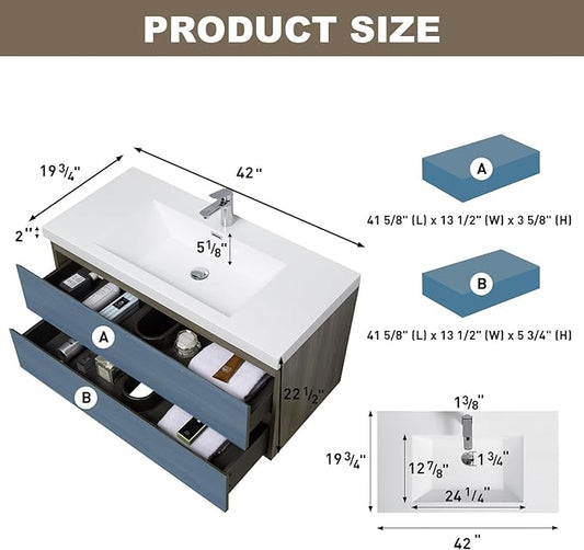 Floating Vanity Bathroom, 42 Inch Bathroom Vanity with Sink, Wall Mounted Single Sink Bathroom Vanity, Soft Closed 2 Drawers, Integrated Sink (Ash Grey)