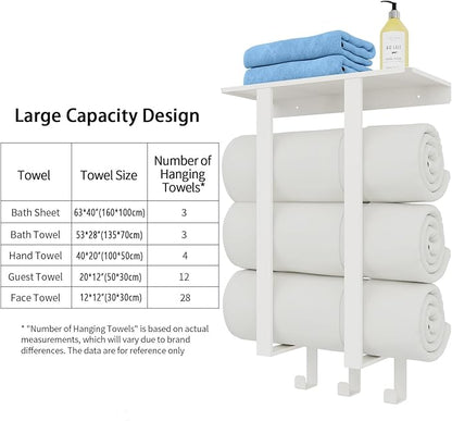 Towel Racks for Bathroom White, Bathroom Towel Rack with Shelf and 3 Hooks Wall Mounted, Towel Storage Rack for Small Bathroom